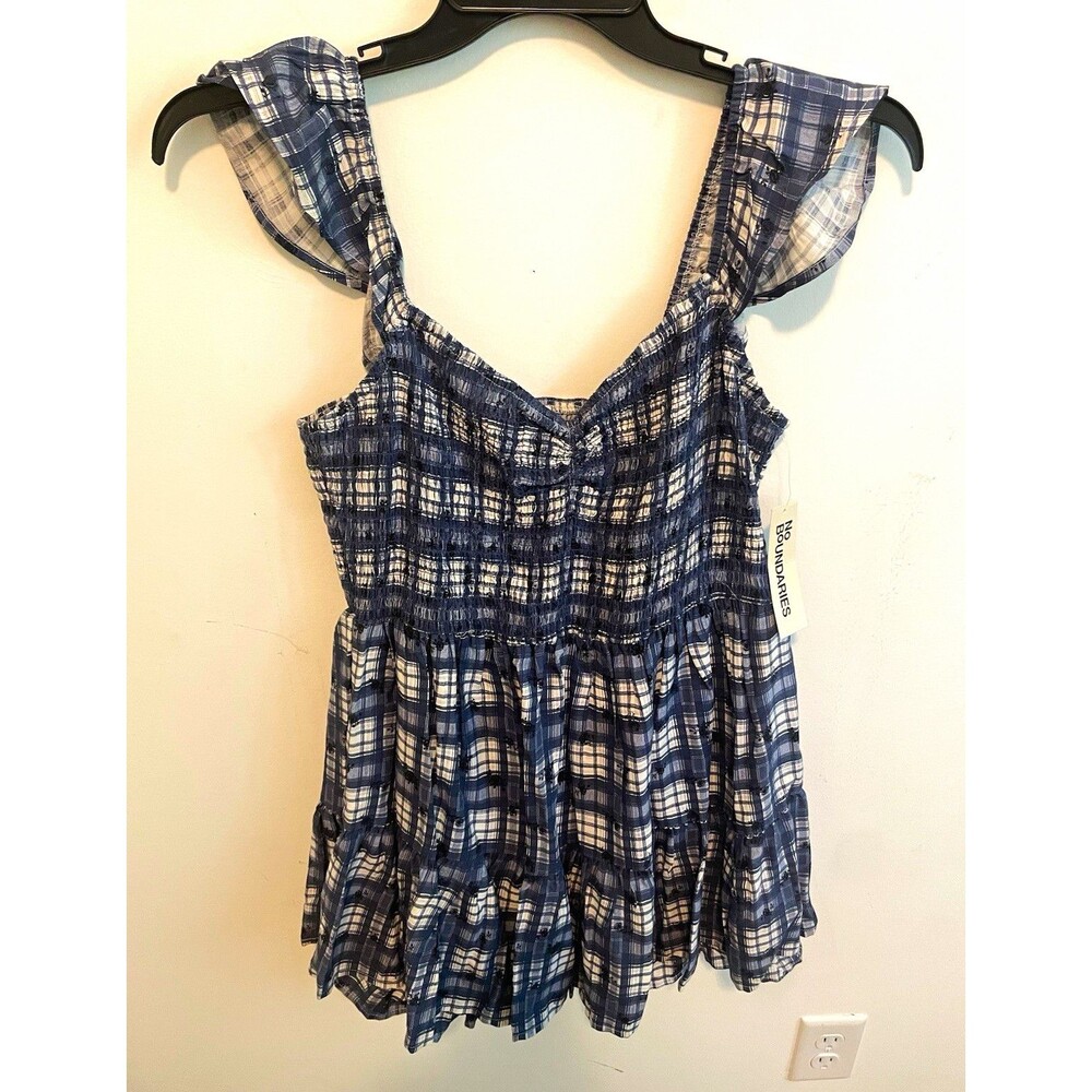No Boundaries Juniors Smocked Plaid Romper Flutter Sleeve V-Neck Blue White L